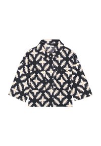 Kurzarmpoloshirt in Marineblau mit einem cremefarbenen Zickzackmuster. Verfügt über einen Kragen und zwei Fronttaschen. Strukturierter Stoffdesign.