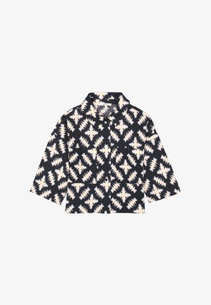 Korte mouwen overhemd met knopen in marineblauw met een crèmekleurig zigzagpatroon. Voorzien van een kraag en twee voorzakken. Textuurdesign van de stof.