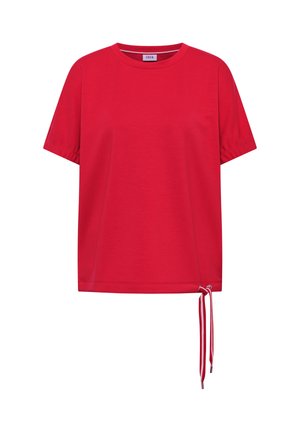 Czerwona damska koszulka z krótkim rękawem, okrągłym dekoltem i regulowanym ściągaczem po prawej stronie na dole.