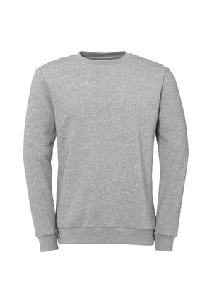 Gray sweatshirt made of soft fabric, featuring long sleeves and a crew neckline. Includes a small logo on the front.