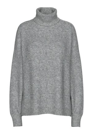 Pull col roulé gris clair en tissu doux et texturé. Il présente une coupe décontractée, un col et des poignets côtelés, avec un ourlet droit.