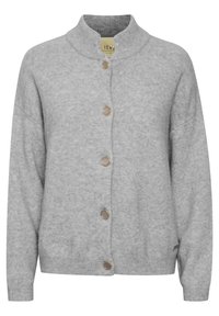 Grauer Strickcardigan mit hohem Kragen, fünf runden Knöpfen und gerippten Bündchen. Weiche Textur und leicht lockere Passform.