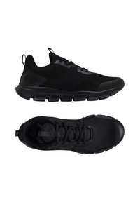 Scarpe sportive nere mostrate da viste laterale e superiore, con una tomaia in rete, suola testurizzata e un design con lacci per il massimo comfort.