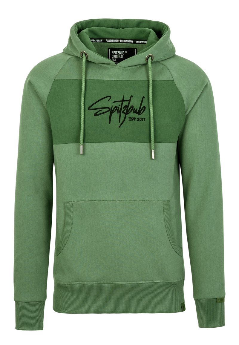 Felpa con cappuccio verde con un pannello verde scuro a contrasto, cappuccio con coulisse, tasca frontale e logo "Spitzbub EST. 2017" in nero.