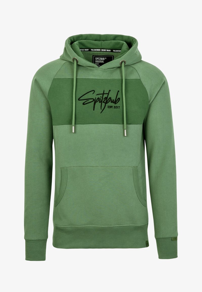 Felpa con cappuccio verde con un pannello verde scuro a contrasto, cappuccio con coulisse, tasca frontale e logo "Spitzbub EST. 2017" in nero.