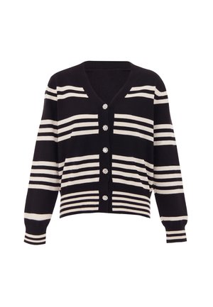 Fekete-fehér csíkos kardigán V nyakkal, öt virágos gombbal és bordás mandzsettával. Puha anyag; rövidített fazon.