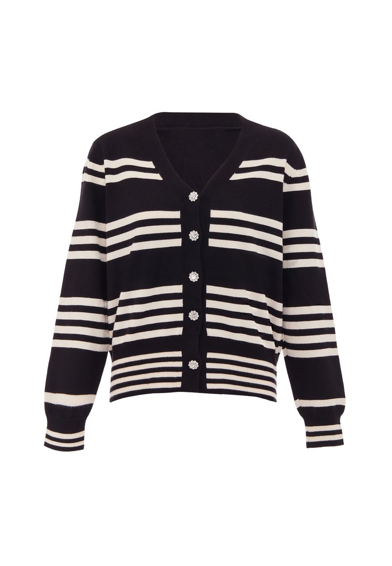 Cárdigan de rayas blancas y negras con escote en V, cinco botones florales y puños acanalados. Material suave; diseño recortado.