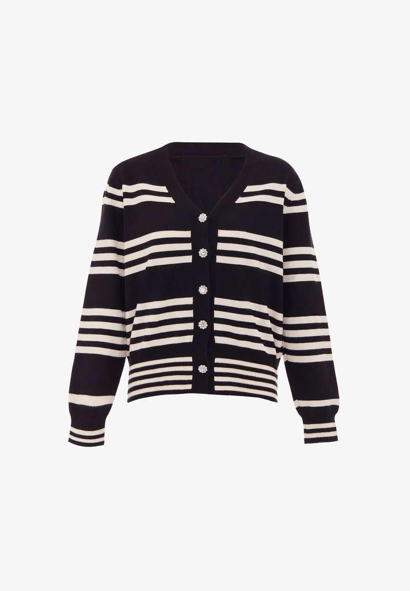 Cárdigan de rayas blancas y negras con escote en V, cinco botones florales y puños acanalados. Material suave; diseño recortado.