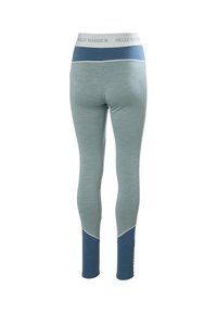 Leggings de color azul claro con un acabado texturizado, que presentan una amplia cinturilla blanca y un panel inferior azul marino con detalles de logotipo.