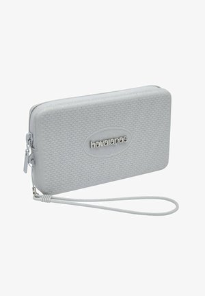 Gray textured clutch with a zip closure, featuring a wrist strap and a shiny logo accent, made from durable material.