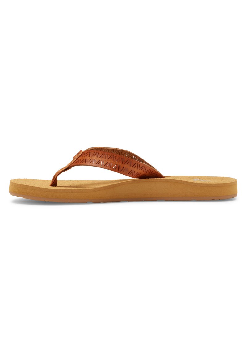 Brown flip-flop sandal with a textured strap and a flat, cushioned sole. The strap features a geometric pattern. Lightweight design.