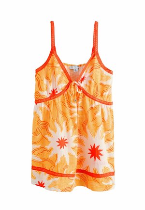Ärmelloses orange-weißes Sommerkleid mit Sonnenstrahlmuster, orangefarbener Spitze und vorderer Bindebindung am Ausschnitt.