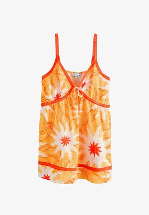Ärmelloses orange-weißes Sommerkleid mit Sonnenstrahlmuster, orangefarbener Spitze und vorderer Bindebindung am Ausschnitt.