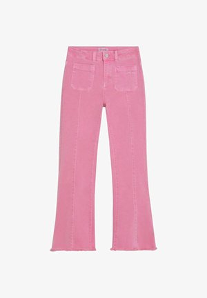 Vaqueros de mezclilla rosa de cintura alta con bolsillos delanteros de parche, trabillas para cinturón, cierre con botón, piernas acampanadas y bordes de dobladillo sin rematar.