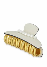 Fermaglio per capelli con una combinazione di colori bianco e oro. Presenta sei artigli dorati a forma di granchio, perle bianche e un design elegante con un bordo nero.