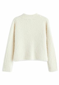 Pulover tricotat texturat, de culoare crem, cu un design scurt și un model cu nervuri, având mâneci lungi și gât rotund.