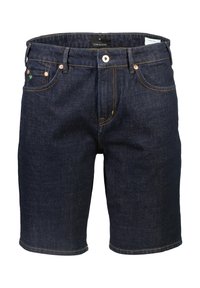 Dunkelblaue Jeansshorts mit fünf Taschen, Reißverschluss und kontrastierenden gelben Nähten. Etikett an der Taille sichtbar.