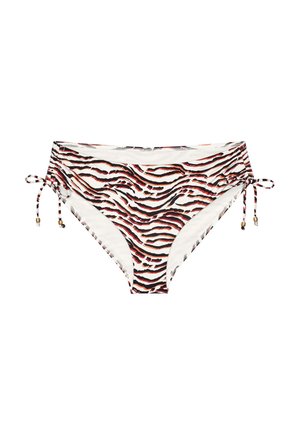 Λευκά μαγιό σλιπ με κόκκινο, μαύρο και μπεζ ζέβρα σχέδιο, με ρυθμιζόμενους δεσμούς στο πλάι με μικρές χρυσές χάντρες.