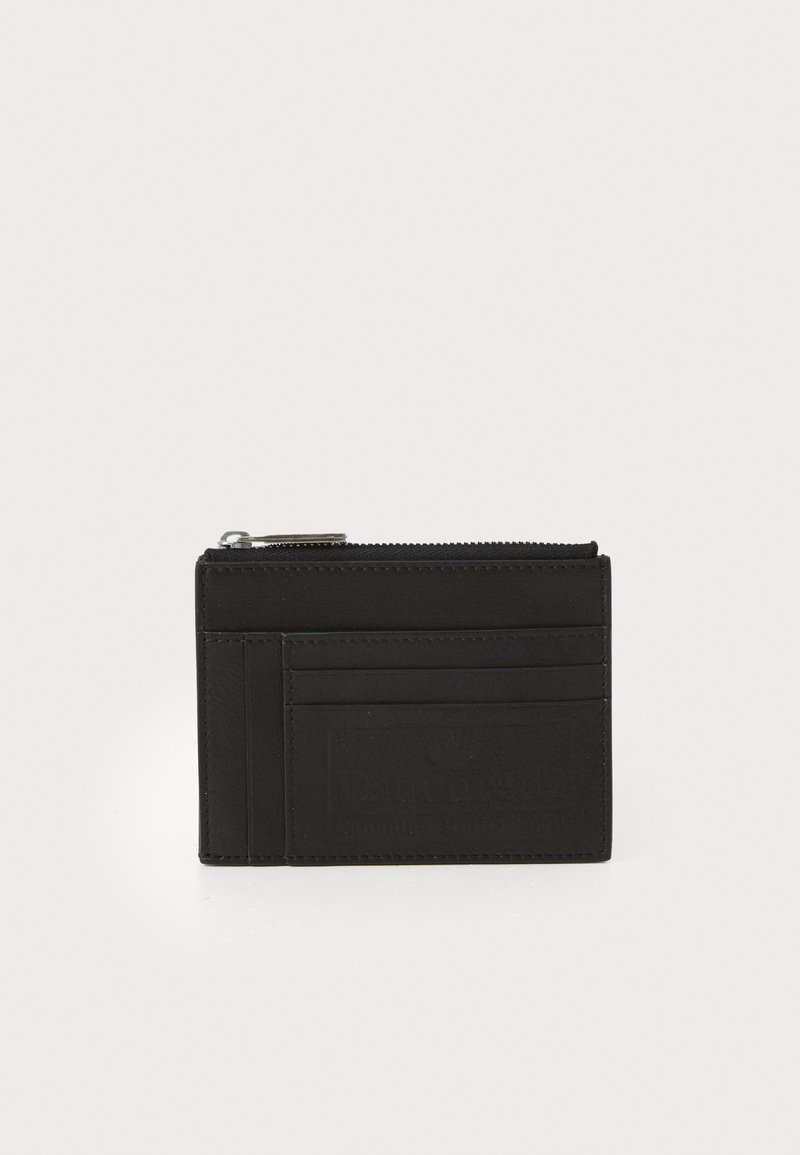 Black leather cardholder wallet with multiple card slots and a top zipper coin compartment, embossed brand logo visible on front.
