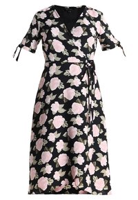 Schwarzes Wickelkleid mit pinkem Blumenmuster, kurzen Ärmeln mit Bändern, V-Ausschnitt und einem Gürtel in der Taille für eine verstellbare Passform.