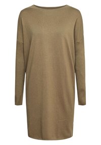 Robe à manches longues d'un vert olive atténué. Présente un col rond, une coupe décontractée, une texture côtelée et un ourlet droit. Tissu en tricot doux.