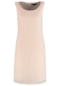 Robe rose clair sans manches avec un motif texturé, un col rond et une fermeture éclair au dos. Tissu lisse et semi-transparent.