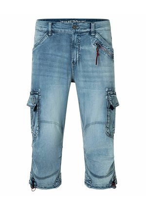 Hellblaue Denim-Cargoshorts mit vorderer Reißverschlusstasche, Knopfverschluss, seitlichen Klapptaschen und verstellbaren Kordeln an den Beinabschlüssen.