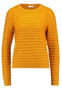 Pull tricot jaune moutarde avec un motif texturé en forme de grille. Il présente un col rond ainsi que des poignets et un ourlet côtelés.