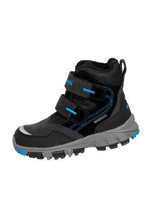 Schwarz-graue Mid-Top-Wanderschuhe aus Mesh und Wildleder mit blauen Akzenten, zwei Klettverschlüssen und rutschfester, strukturierter Sohle.