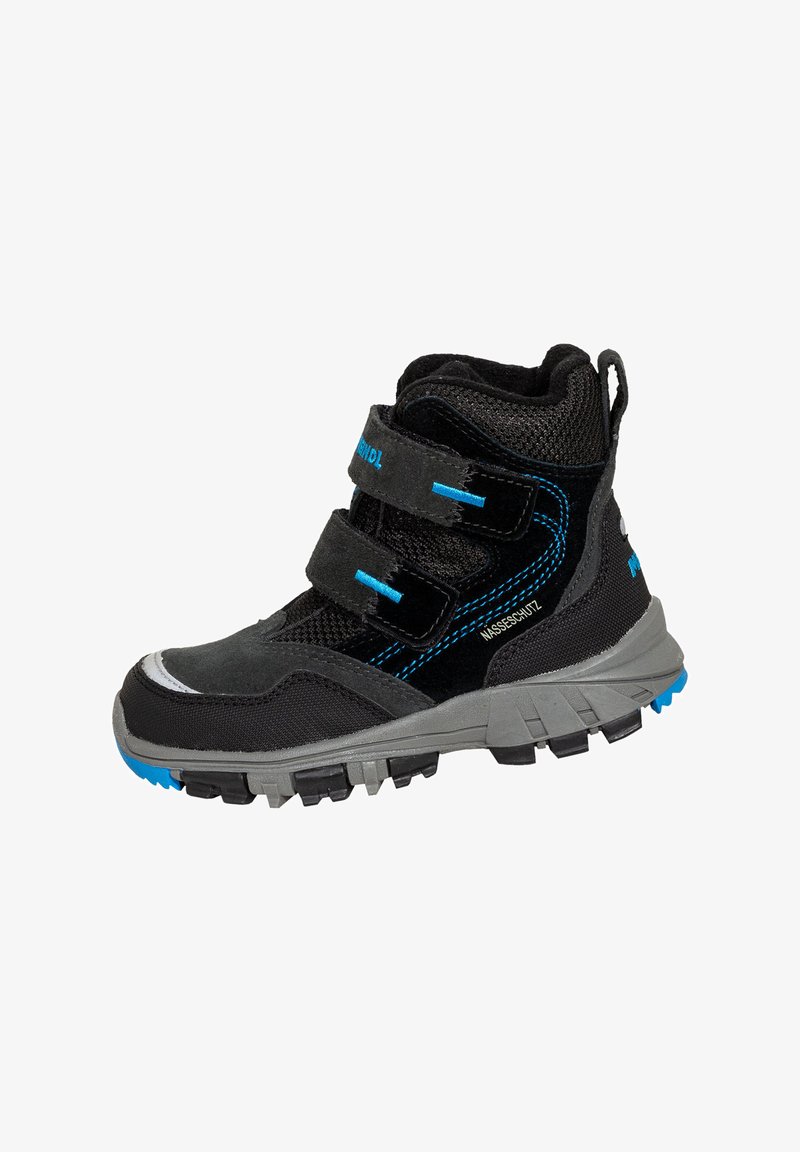Schwarz-graue Mid-Top-Wanderschuhe aus Mesh und Wildleder mit blauen Akzenten, zwei Klettverschlüssen und rutschfester, strukturierter Sohle.