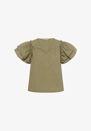 Olivgrüne Bluse mit kurzen Ärmeln, gerafften, voluminösen Puffärmeln und einem V-förmigen Ausschnitt mit Kerbdetail.
