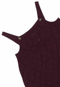 Bordeaux strikkjole med diamante-mønster, justerbare stropper og knapper i guldfarve på skuldrene. Tekstureret stof.
