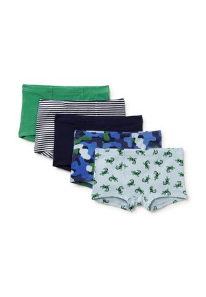 Pięć par bokserek chłopięcych w jednolitym zielonym kolorze, granatowym, granatowe w paski, niebieskie w kamuflaż oraz jasno niebieskie z zielonymi wzorami dinozaurów.