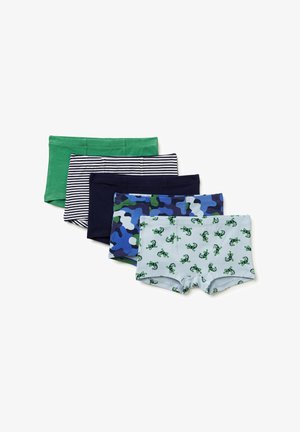 Fünf Paar Jungen-Boxershorts in einfarbigem Grün, Marineblau, Marineblau mit Streifen, blauem Camouflage und Hellblau mit grünen Dinosauriermustern.