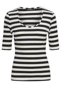 T-shirt a righe bianche e nere con scollo a barca e maniche a tre quarti, realizzato in un morbido tessuto a coste.