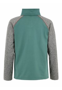 Pullover a maniche lunghe con corpo verde e maniche grigie testurizzate, dotato di un alto colletto e cuciture a contrasto lungo le cuciture.