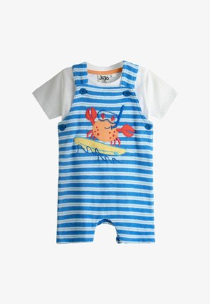 Babyheldragt med hvid skjorte, blå og hvide striber, med en broderet krabbe, der surfer på et gult surfbræt.