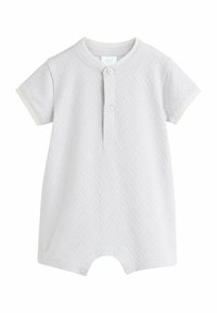 Grau Babykleid mit kurzen Ärmeln, strukturiertem Muster, geknöpftem Vorderteil und kontrastierendem Streifenbesatz. Druckknopfschluss im unteren Bereich für einfaches Ankleiden.