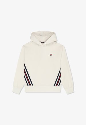 Valkoinen hupullinen svetari, jossa mustat ja punaiset vinoraitoja vyötärön lähellä ja pieni Fila-logo vasemmassa rinnassa.