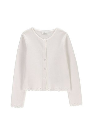 Biały, dziergany sweterek dla niemowląt z długim rękawem, okrągłym dekoltem, zapięciem na guziki z przodu oraz falbankowymi krawędziami na mankietach i dole.