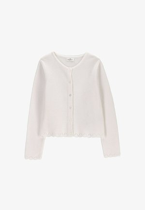 Biały, dziergany sweterek dla niemowląt z długim rękawem, okrągłym dekoltem, zapięciem na guziki z przodu oraz falbankowymi krawędziami na mankietach i dole.