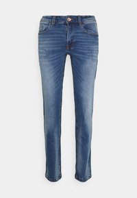 Jeans in denim blu con una vestibilità slim, dotati di chiusura a bottoni, design classico a cinque tasche e dettagli di lavaggio leggermente sbiadito.