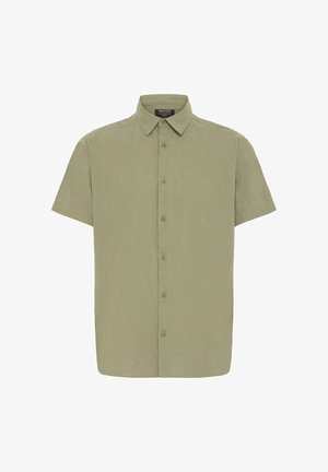 Chemise à manches courtes en vert olive, en mélange de lin. Dotée d'une fermeture à boutons sur le devant, d'un col et d'un ourlet droit. Design simple et minimal.