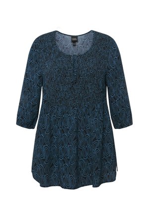 Blouse bleu foncé avec un motif paisley, décolleté en forme de scoop et manches trois-quarts. Caractéristiques : fronces élastiques au niveau du buste et fentes sur les côtés.