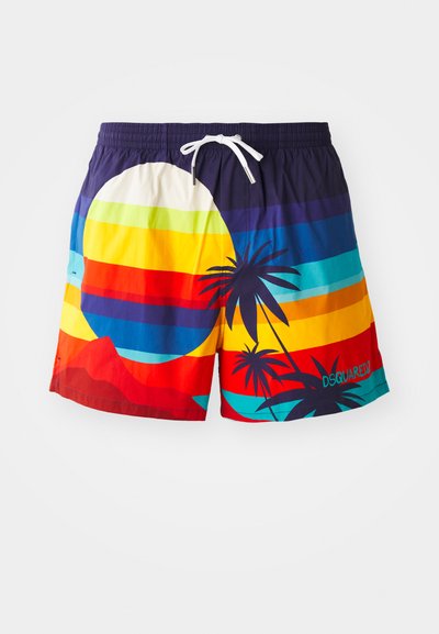 Mitmevärvilised ujumispüksid, millel on horisontaalsed triibud, valge päikesegraafika ja palmipuude kujundid. Elastne vöökoht koos nööri tõmbamisega.