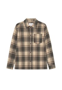 Szürke és bézs kockás pamut ing, gombos elülső résszel, hosszú ujjal, gallérral és egyetlen mellzsebbel.