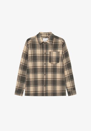 Szürke és bézs kockás pamut ing, gombos elülső résszel, hosszú ujjal, gallérral és egyetlen mellzsebbel.