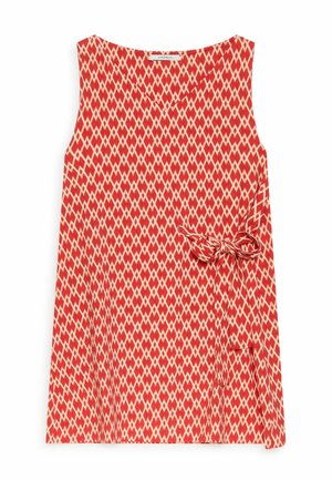 Sleeveless red dress with a cream diamond pattern and a side tie bow at the waist.