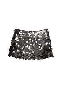 Schwarzer Minirock, bedeckt mit glänzenden silbernen Pailletten, mit geradem Saum und schmaler Passform, betont eine strukturierte, reflektierende Oberfläche.