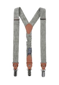 Graue Stoffträger mit strukturiertem Gewebe, ausgestattet mit braunen Lederakzenten an den Clips und in der Mitte. Metallclipschließen an beiden Enden.